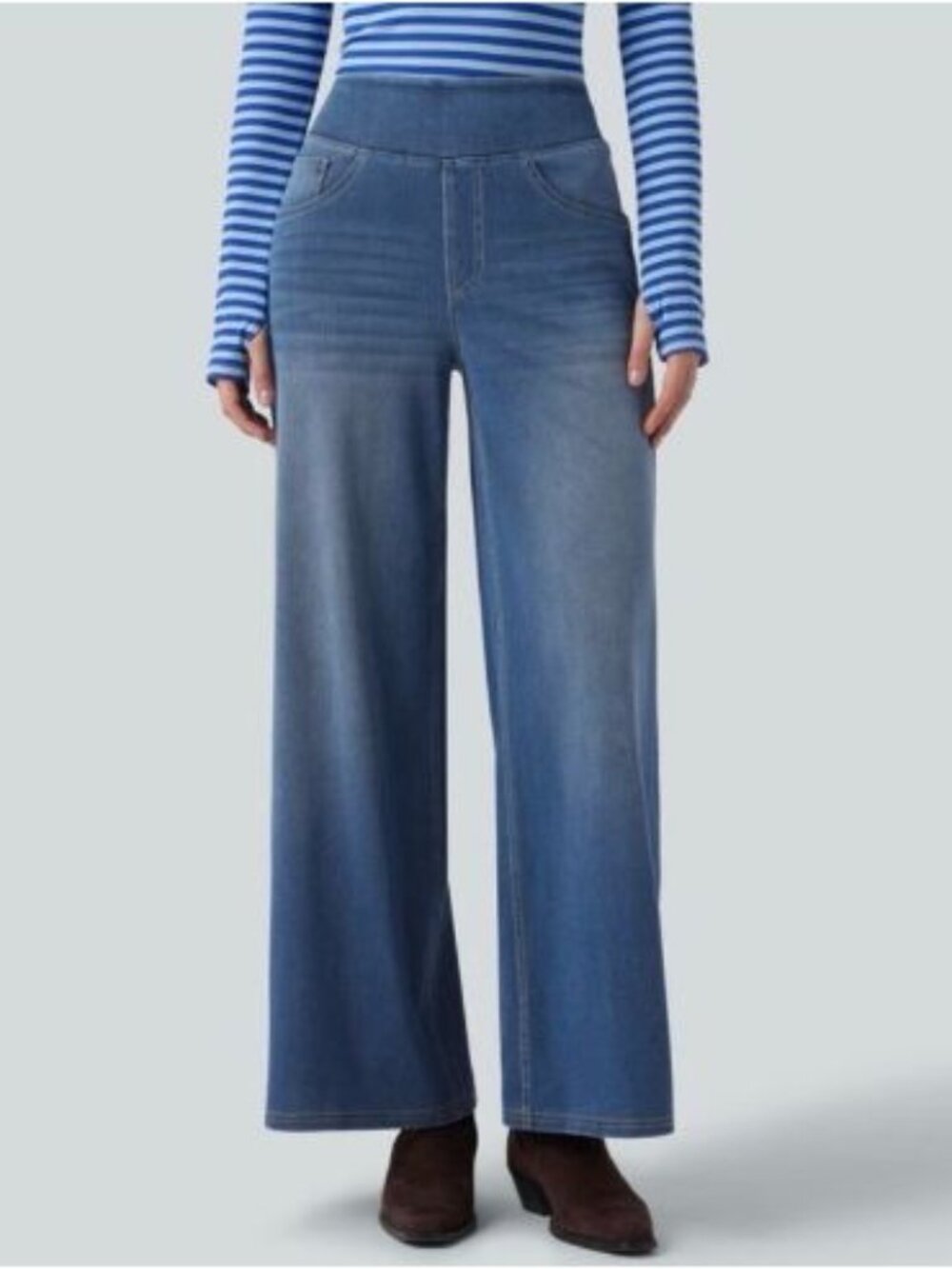 Halara Flex Denim High Waisted Wide Leg Pull On Jeans Blue Jasper Wash XS Petite
